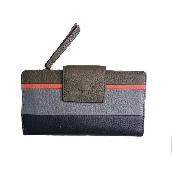 Fossil Wallet Striped Pebble Leather Clutch Tab Closure CC Zip Coin - Picture 1 of 9